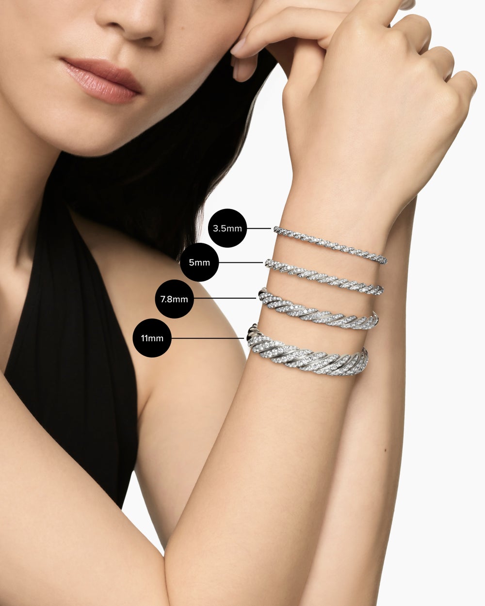 Womens Sculpted Cable Flex Bracelet in 18K White Gold with Black Rhodium and Diamonds, 7.8mm