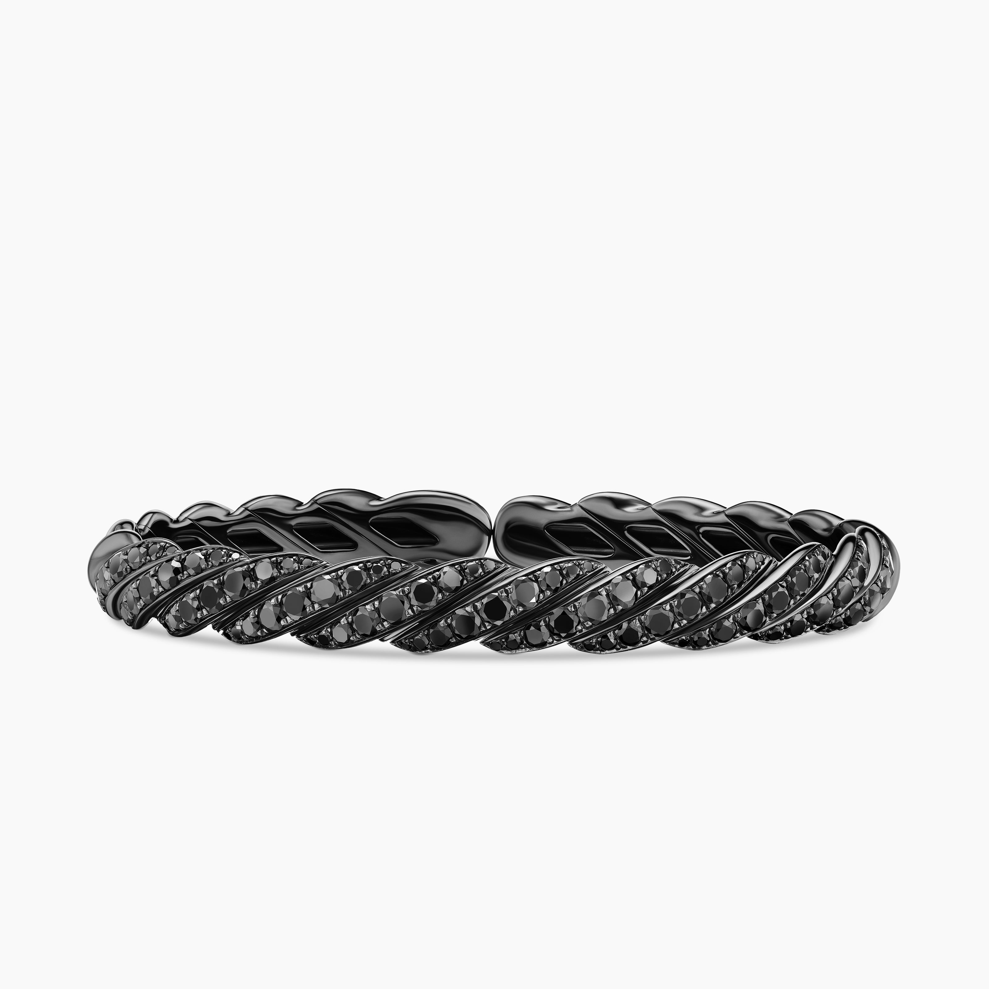Womens Sculpted Cable Flex Bracelet in 18K White Gold with Black Rhodium and Diamonds, 7.8mm