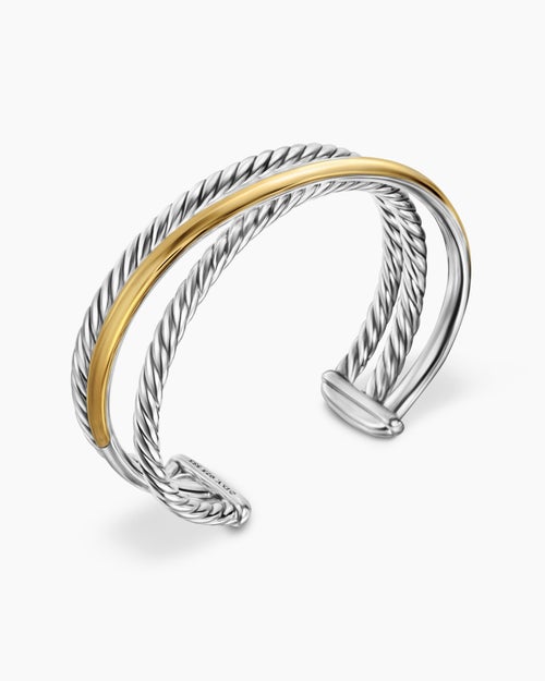 Womens Bold Crossover Three Row Cuff Bracelet in Sterling Silver with 14K Yellow Gold, 19mm