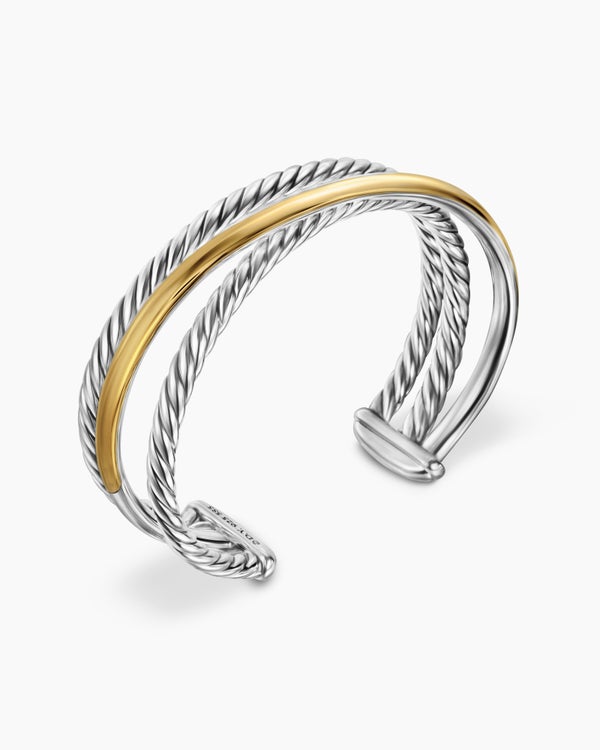 Bracelet manchette trois rangs Crossover en argent massif avec or jaune 14 carats, 20 mm