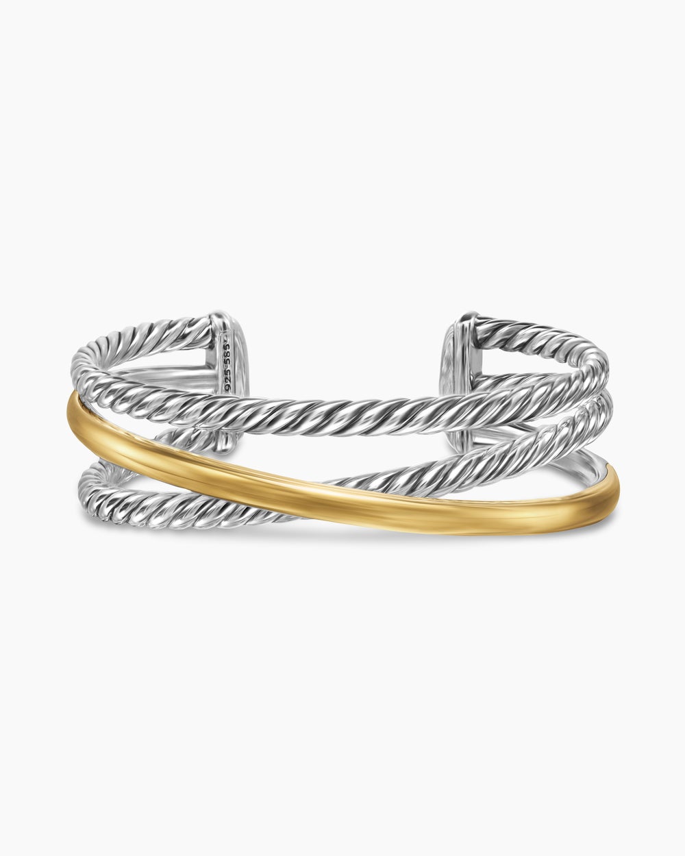 Womens Bold Crossover Three Row Cuff Bracelet in Sterling Silver with 14K Yellow Gold, 19mm
