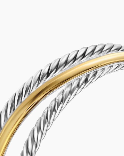 Womens Bold Crossover Three Row Cuff Bracelet in Sterling Silver with 14K Yellow Gold, 19mm