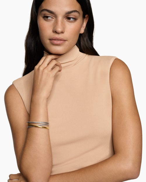 Womens Bold Crossover Three Row Cuff Bracelet in Sterling Silver with 14K Yellow Gold, 19mm