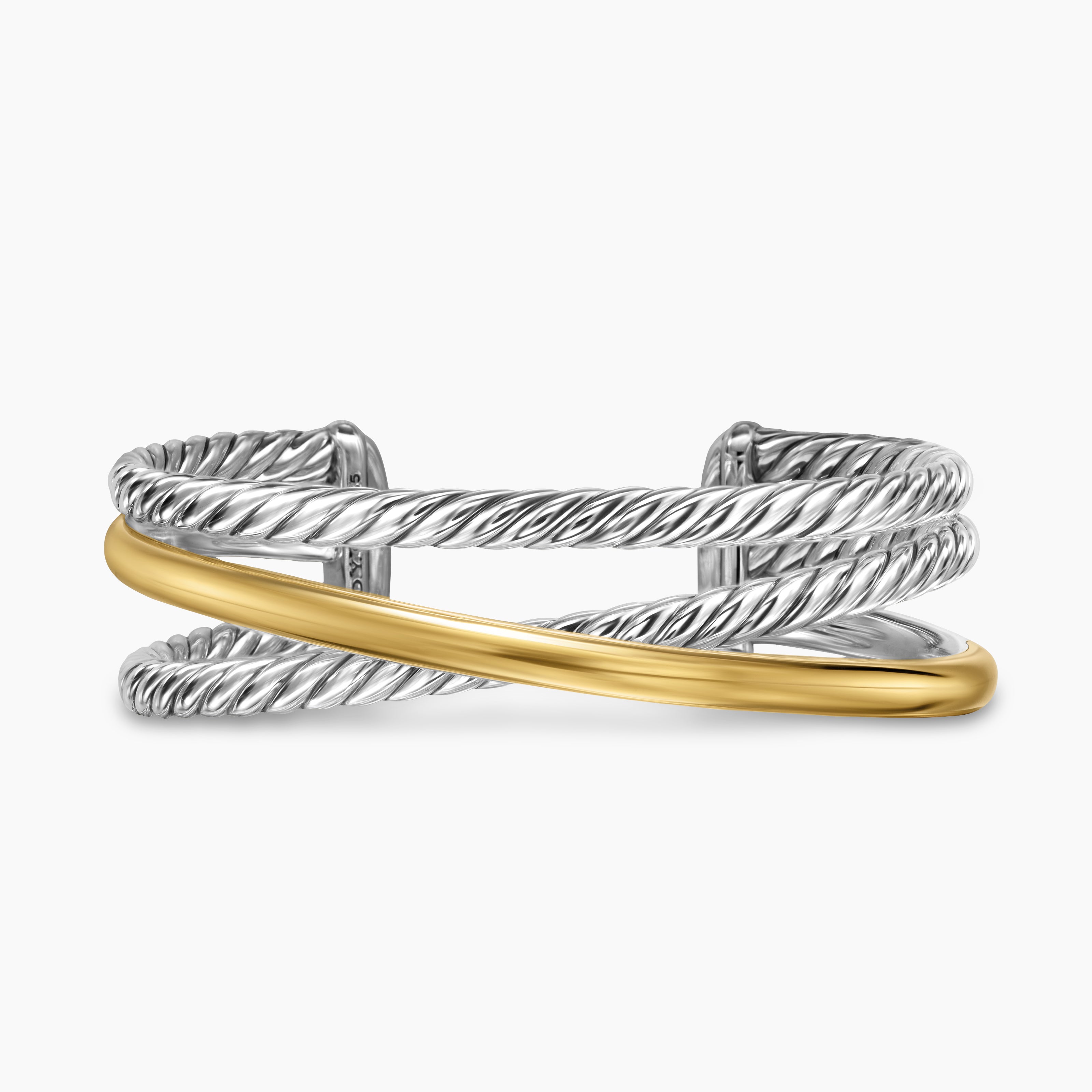 Womens Bold Crossover Three Row Cuff Bracelet in Sterling Silver with 14K Yellow Gold, 19mm