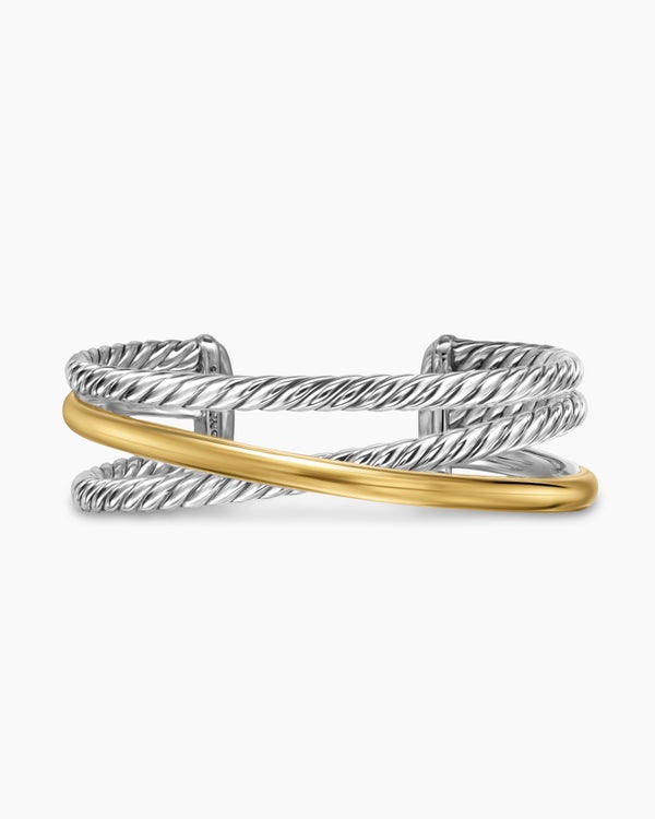 Bracelet manchette trois rangs Crossover en argent massif avec or jaune 14 carats, 20 mm