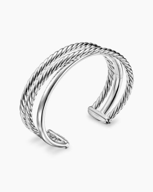 Womens Bold Crossover Three Row Cuff Bracelet in Sterling Silver, 19mm