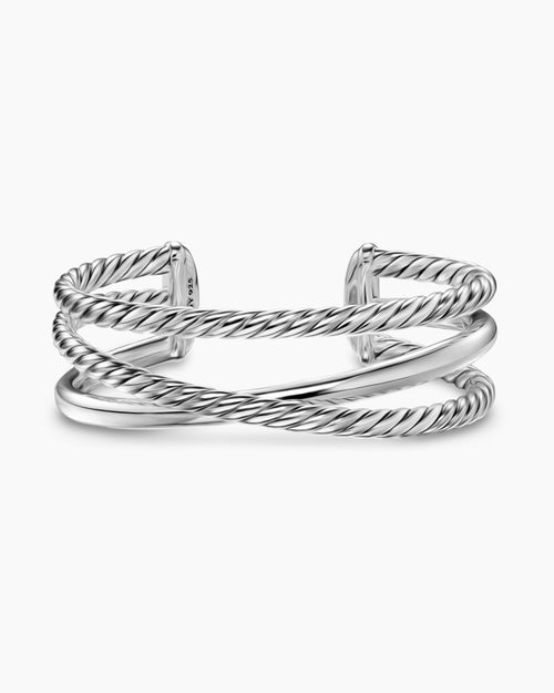 Womens Bold Crossover Three Row Cuff Bracelet in Sterling Silver, 19mm