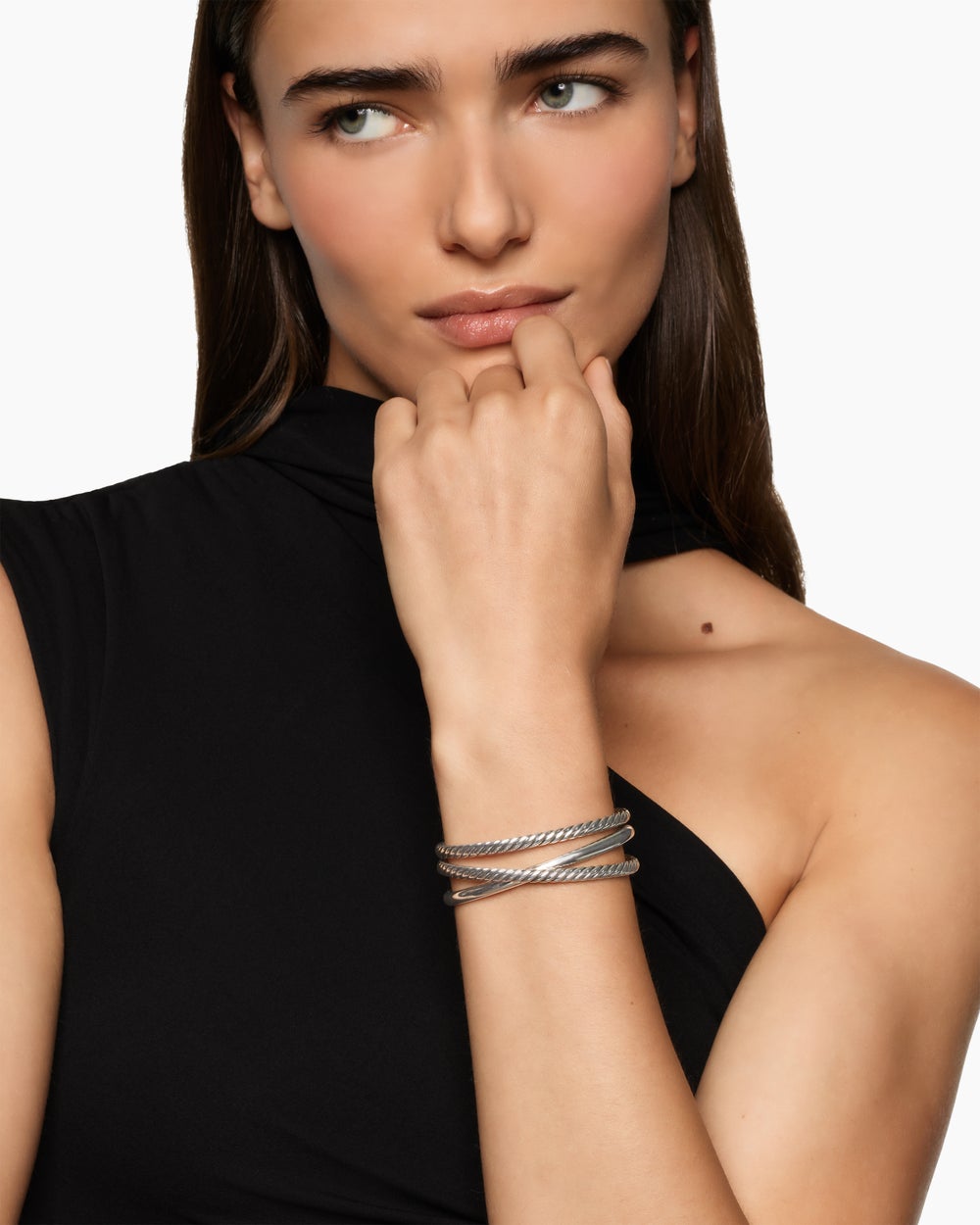 Womens Bold Crossover Three Row Cuff Bracelet in Sterling Silver, 19mm