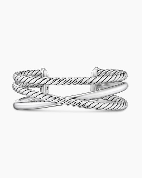Womens Bold Crossover Three Row Cuff Bracelet in Sterling Silver, 19mm