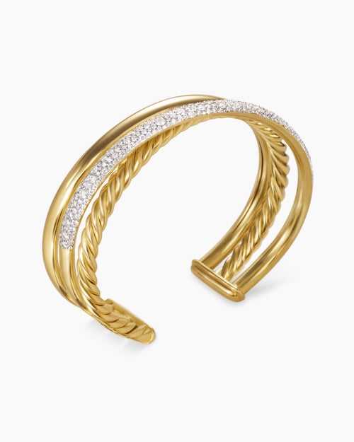 Womens Pavé Crossover Three Row Cuff Bracelet in 18K Yellow Gold with Diamonds, 20mm