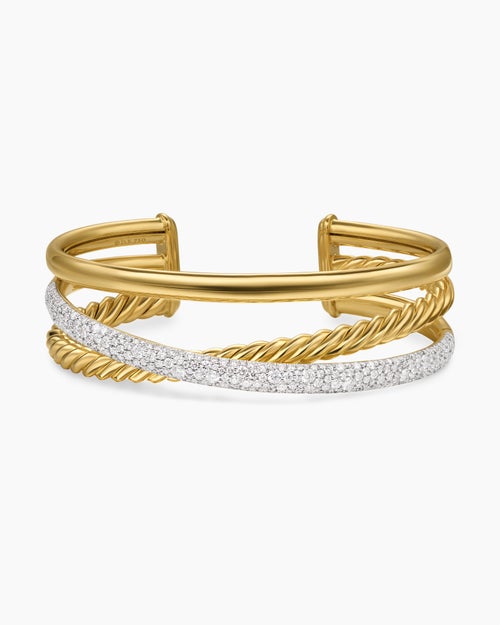 Womens Pavé Crossover Three Row Cuff Bracelet in 18K Yellow Gold with Diamonds, 20mm