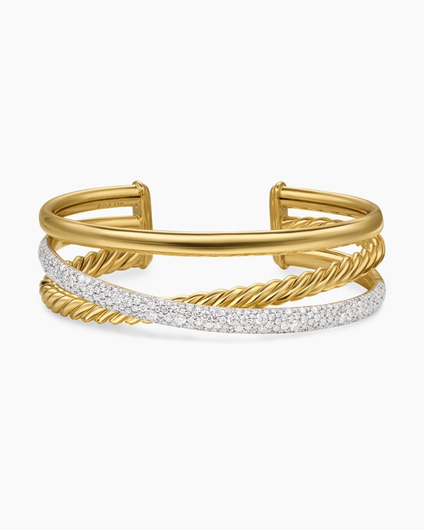 Pavé Crossover Three Row Cuff Bracelet in 18K Yellow Gold with Diamonds, 20mm