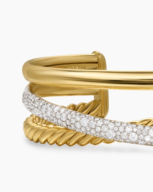Womens Pavé Crossover Three Row Cuff Bracelet in 18K Yellow Gold with Diamonds, 20mm