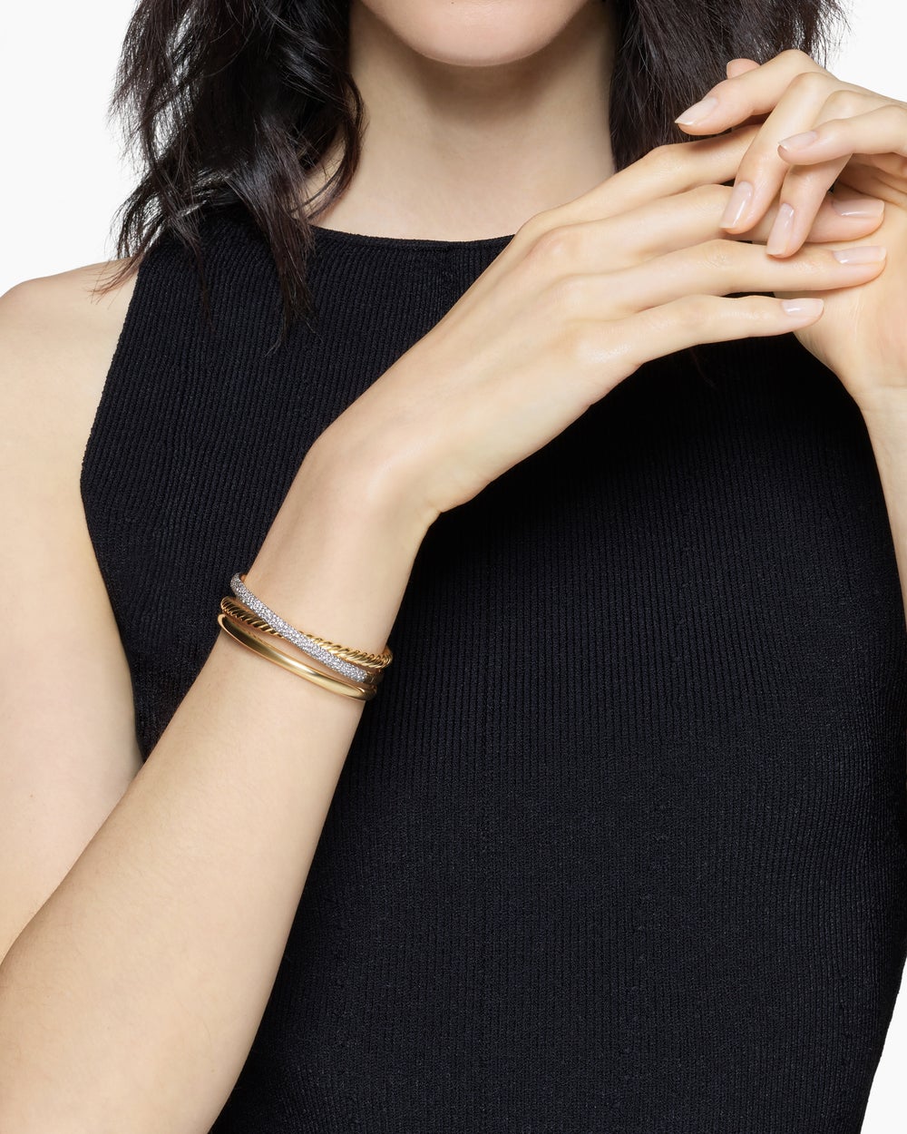 Womens Pavé Crossover Three Row Cuff Bracelet in 18K Yellow Gold with Diamonds, 20mm