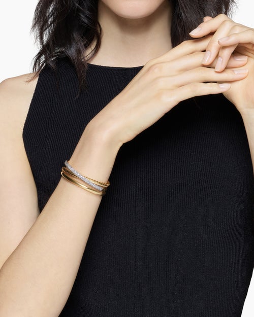 Womens Pavé Crossover Three Row Cuff Bracelet in 18K Yellow Gold with Diamonds, 20mm