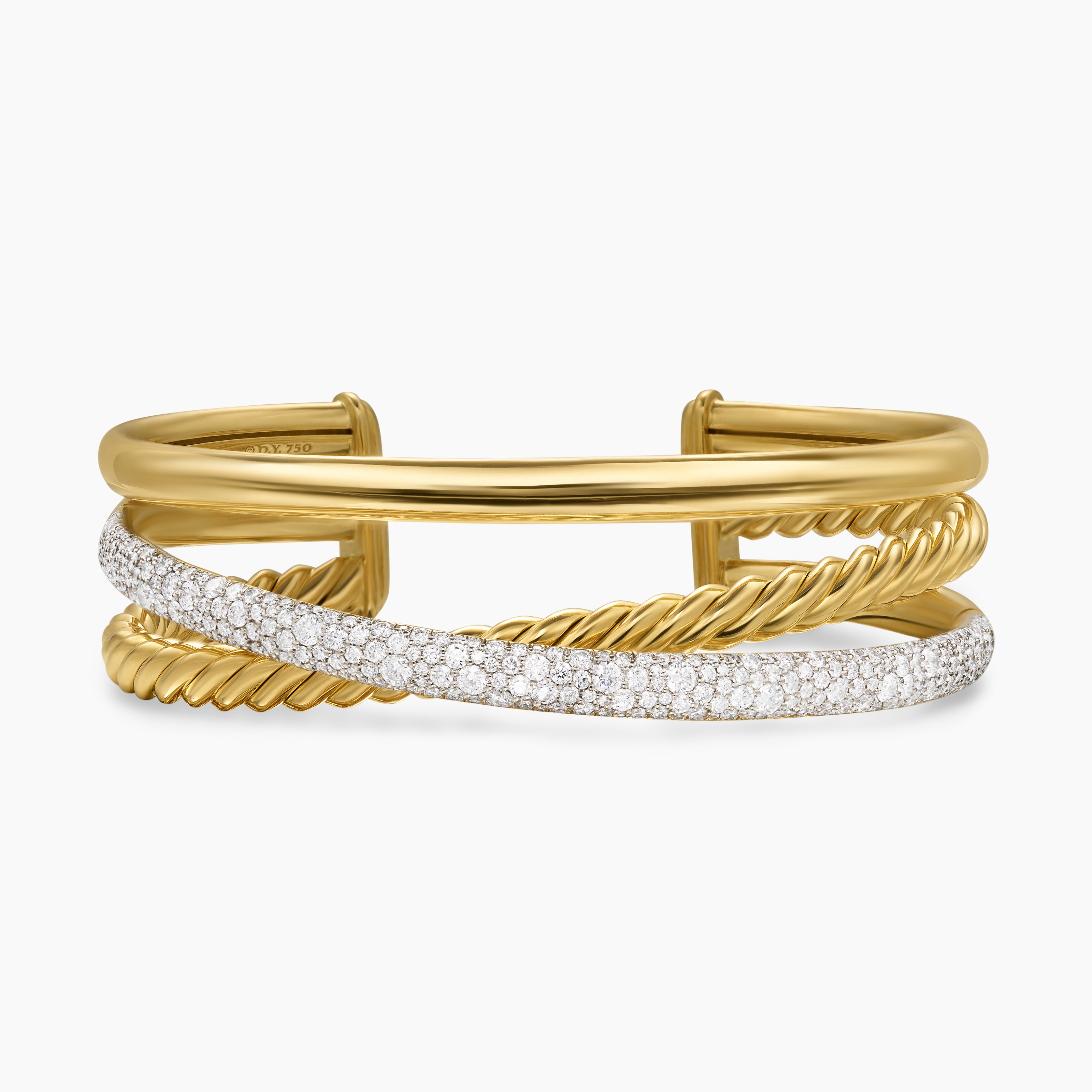 Womens Pav&eacute; Crossover Three Row Cuff Bracelet in 18K Yellow Gold with Diamonds, 20mm