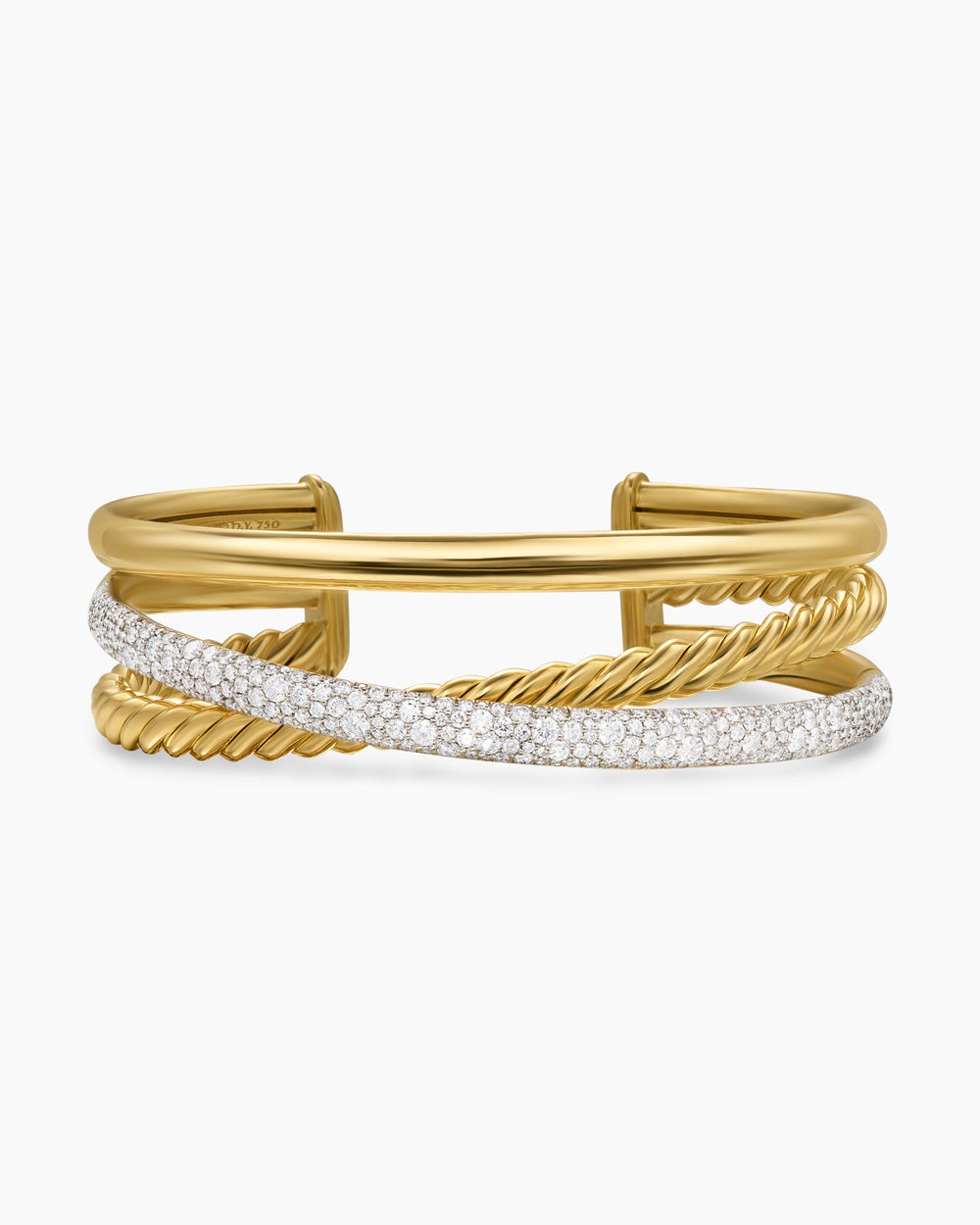 Womens Pavé Crossover Three Row Cuff Bracelet in 18K Yellow Gold with Diamonds, 20mm