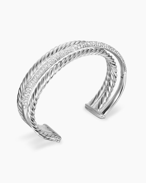 Womens Pavé Crossover Three Row Cuff Bracelet in Sterling Silver with Diamonds, 20mm