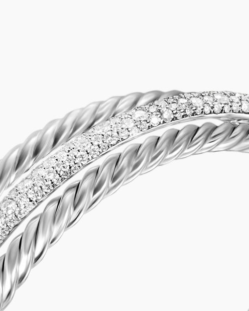 Womens Pavé Crossover Three Row Cuff Bracelet in Sterling Silver with Diamonds, 20mm