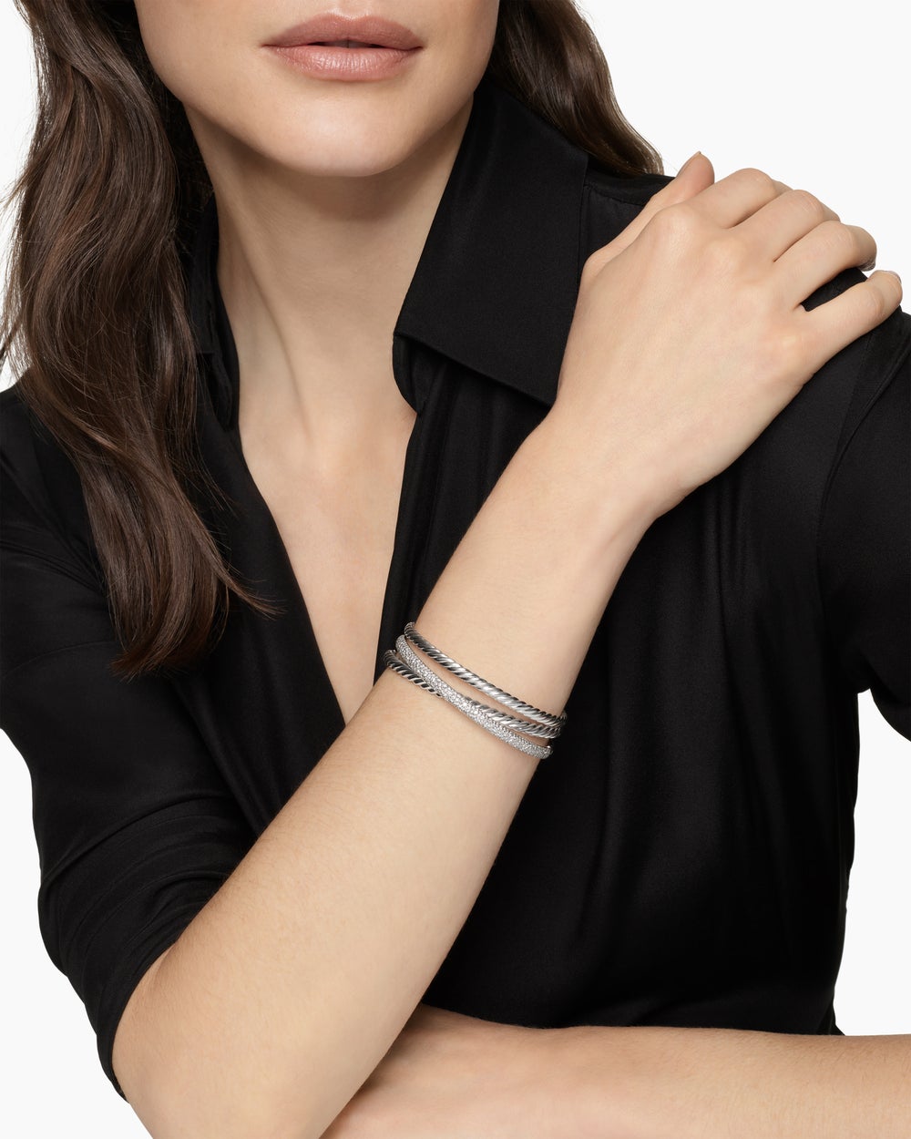 Womens Pavé Crossover Three Row Cuff Bracelet in Sterling Silver with Diamonds, 20mm