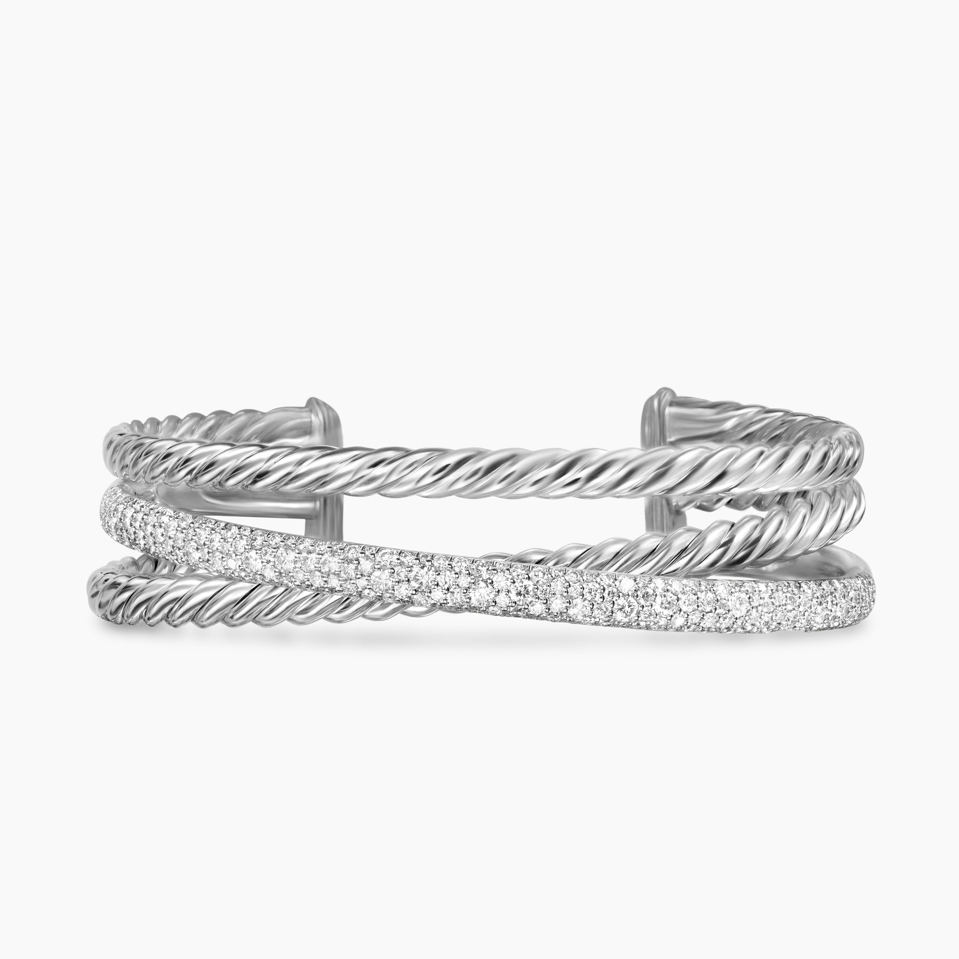 Womens Pav&eacute; Crossover Three Row Cuff Bracelet in Sterling Silver with Diamonds, 20mm