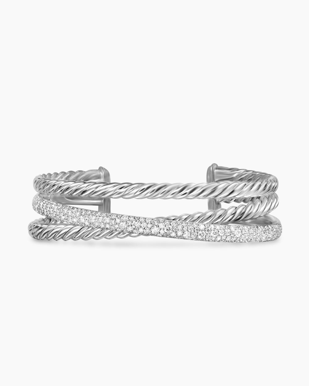 Womens Pavé Crossover Three Row Cuff Bracelet in Sterling Silver with Diamonds, 20mm