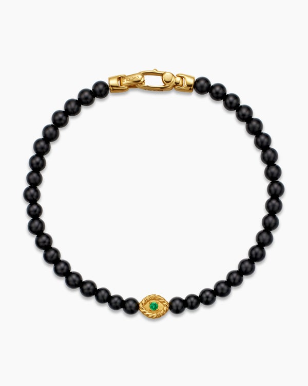 Bijoux Spiritual Beads Evil Eye Bracelet with Black Onyx, Emerald and 14K Yellow Gold, 4mm