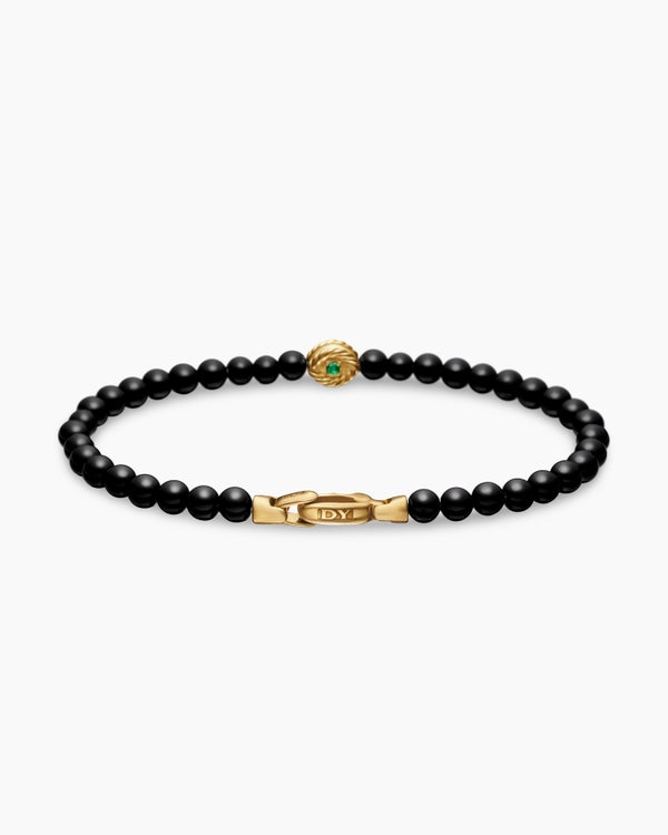 Bijoux Spiritual Beads Evil Eye Bracelet with Black Onyx, Emerald and 14K Yellow Gold, 4mm
