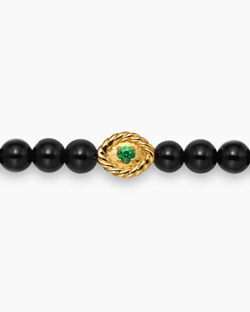Womens Bijoux Spiritual Beads Evil Eye Bracelet with Black Onyx, Emerald and 14K Yellow Gold, 4mm