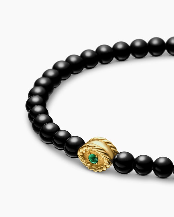 Bijoux Spiritual Beads Evil Eye Bracelet with Black Onyx, Emerald and 14K Yellow Gold, 4mm