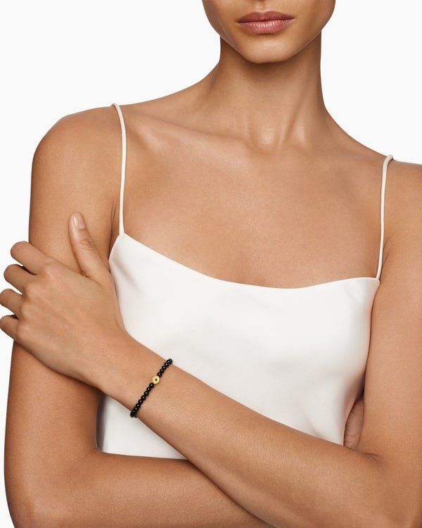 Bijoux Spiritual Beads Evil Eye Bracelet with Black Onyx, Emerald and 14K Yellow Gold, 4mm