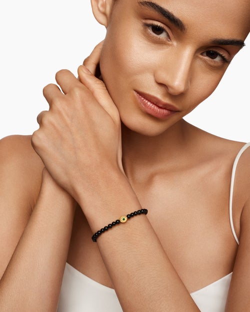 Womens Bijoux Spiritual Beads Evil Eye Bracelet with Black Onyx, Emerald and 14K Yellow Gold, 4mm