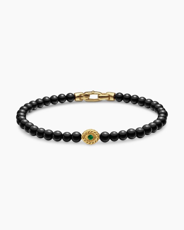 Bijoux Spiritual Beads Evil Eye Bracelet with Black Onyx, Emerald and 14K Yellow Gold, 4mm