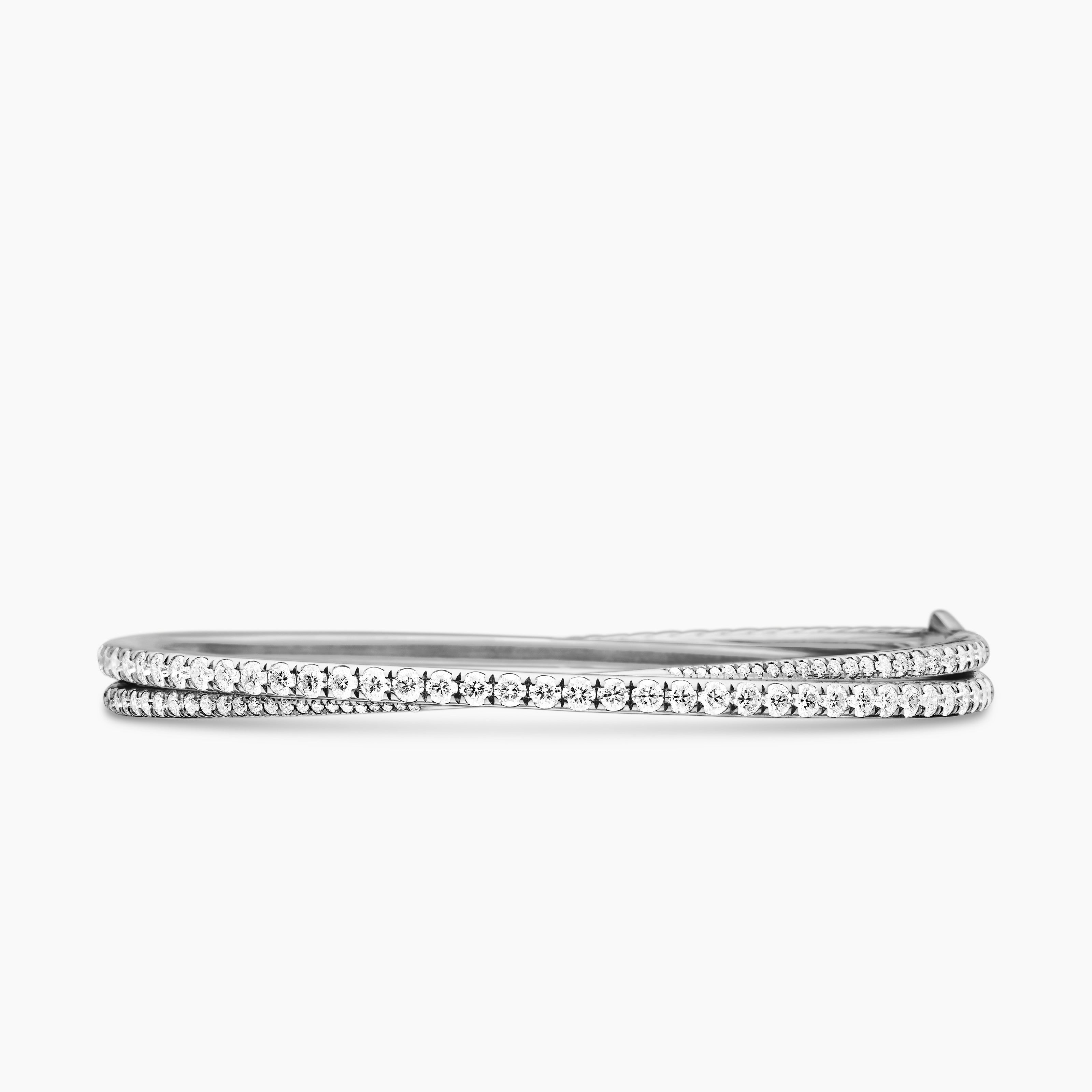 Womens Pav&eacute; Crossover Two Row Bracelet in 18K White Gold, 5.5mm