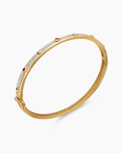 Womens Modern Renaissance® Bangle Bracelet in 18K Yellow Gold with Full Pavé Diamonds and Rubies, 4.5mm