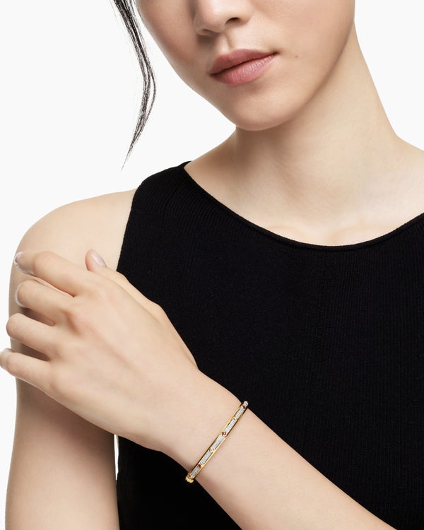 Modern Renaissance Bangle Bracelet in 18K Yellow Gold with Full Pavé Diamonds and Rubies, 4.5mm