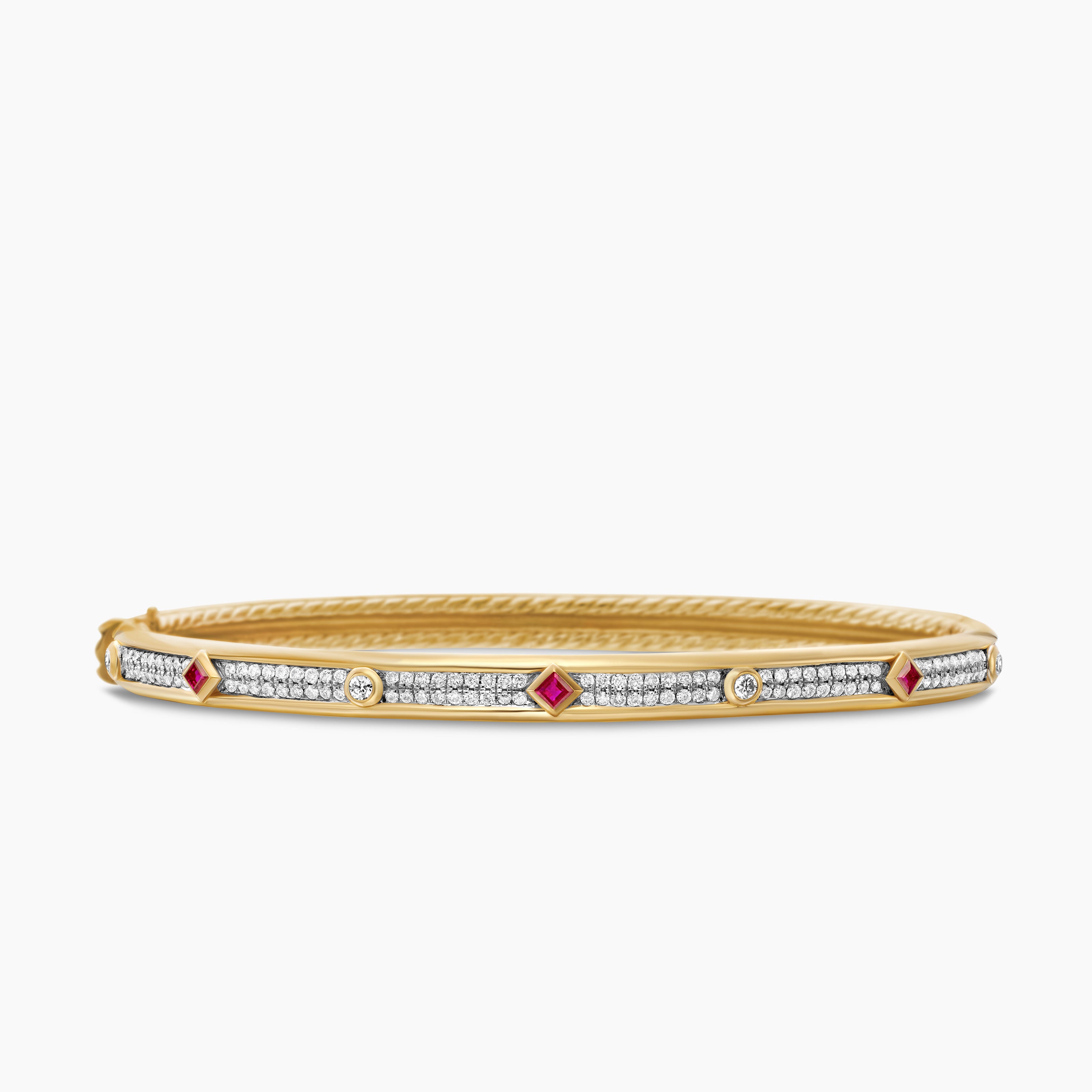 Womens Modern Renaissance&reg; Bangle Bracelet in 18K Yellow Gold with Full Pav&eacute; Diamonds and Rubies, 4.5mm