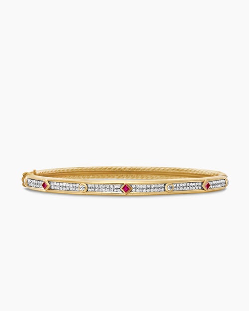 Womens Modern Renaissance® Bangle Bracelet in 18K Yellow Gold with Full Pavé Diamonds and Rubies, 4.5mm