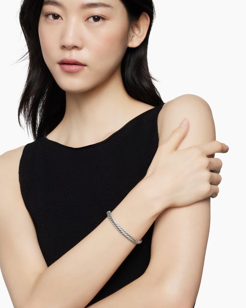 Womens Sculpted Cable Bangle Bracelet in Sterling Silver, 7mm