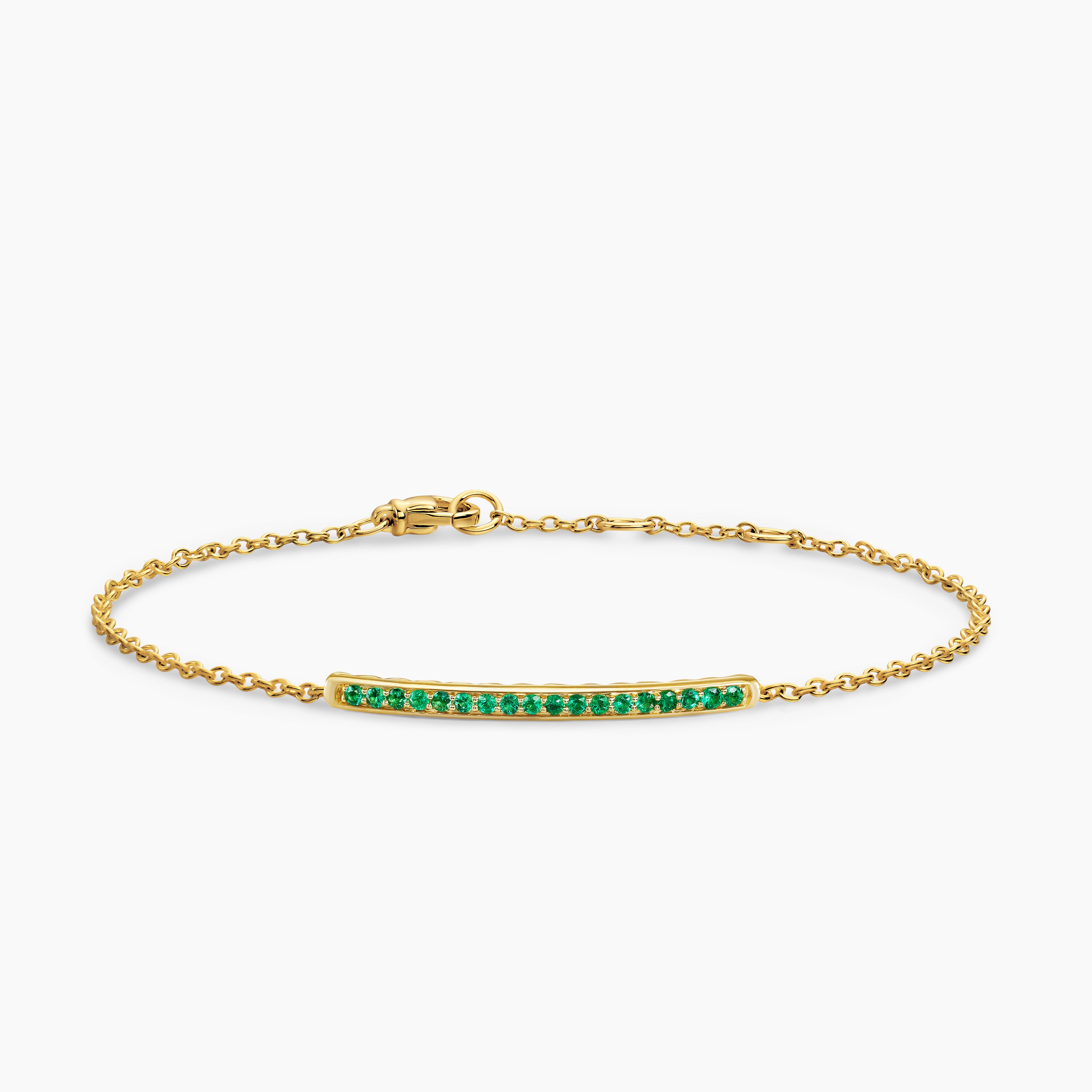 Womens Petite Pav&eacute; Bar Bracelet in 18K Yellow Gold with Emeralds, 1.7mm