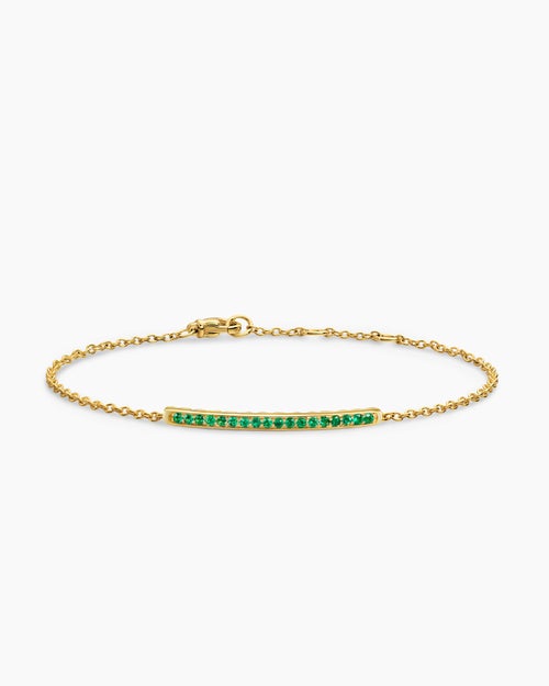 Womens Petite Pavé Bar Bracelet in 18K Yellow Gold with Emeralds, 1.7mm