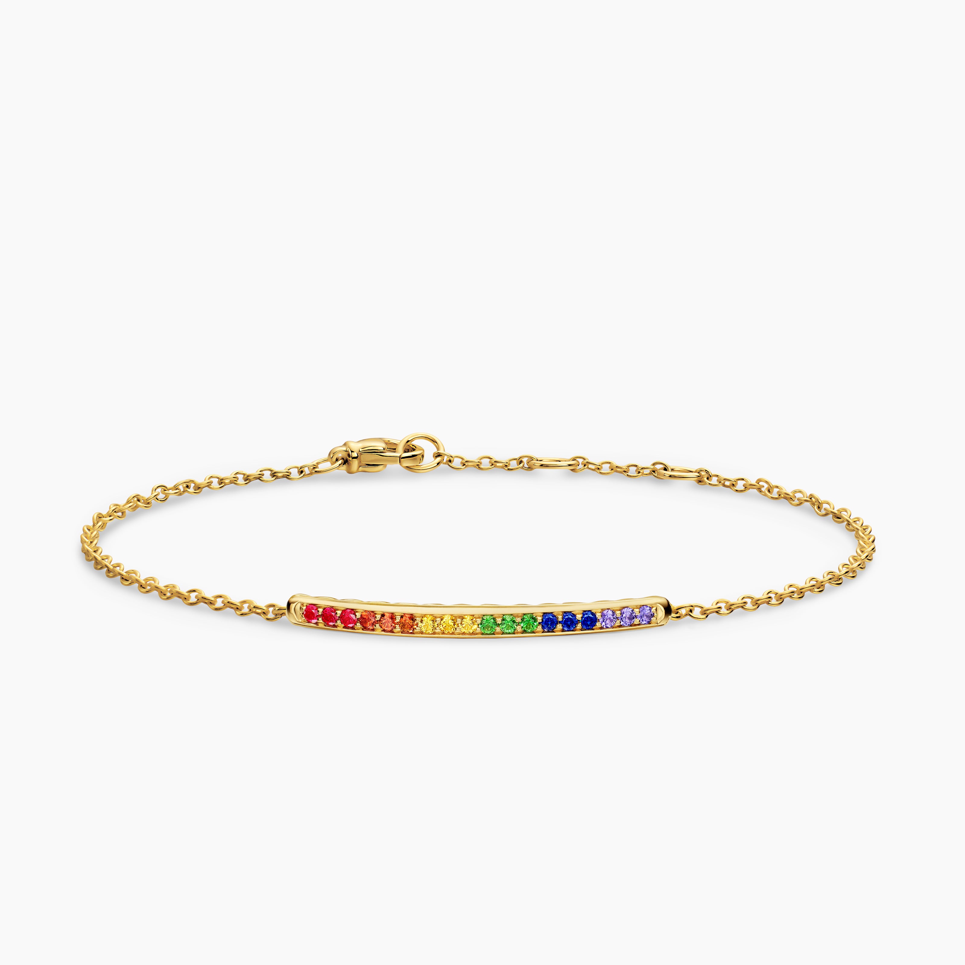 Womens Petite Pav&eacute; Bar Bracelet in 18K Yellow Gold with Rainbow Pav&eacute;, 1.7mm
