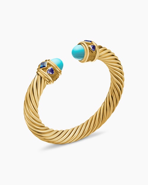 Womens Renaissance® Cablespira® Bracelet in 18K Yellow Gold with Turquoise, Hampton Blue Topaz, and Iolite, 9mm