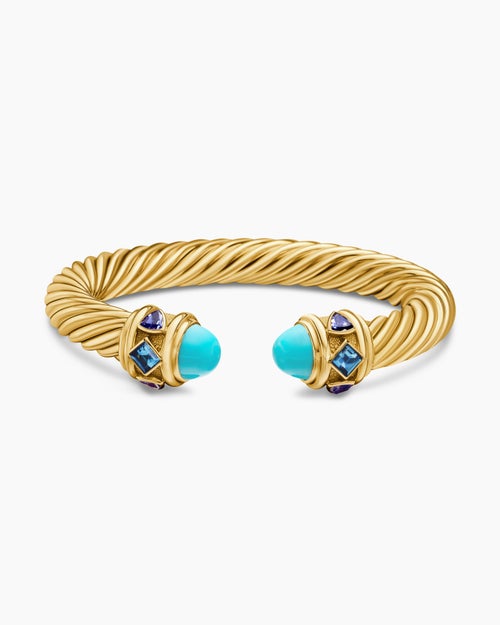 Womens Renaissance® Cablespira® Bracelet in 18K Yellow Gold with Turquoise, Hampton Blue Topaz, and Iolite, 9mm