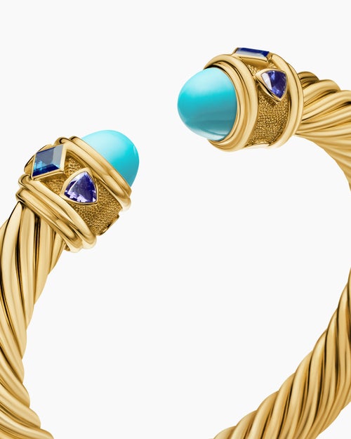 Womens Renaissance® Cablespira® Bracelet in 18K Yellow Gold with Turquoise, Hampton Blue Topaz, and Iolite, 9mm
