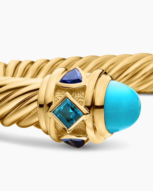 Womens Renaissance® Cablespira® Bracelet in 18K Yellow Gold with Turquoise, Hampton Blue Topaz, and Iolite, 9mm
