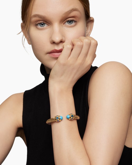 Womens Renaissance® Cablespira® Bracelet in 18K Yellow Gold with Turquoise, Hampton Blue Topaz, and Iolite, 9mm