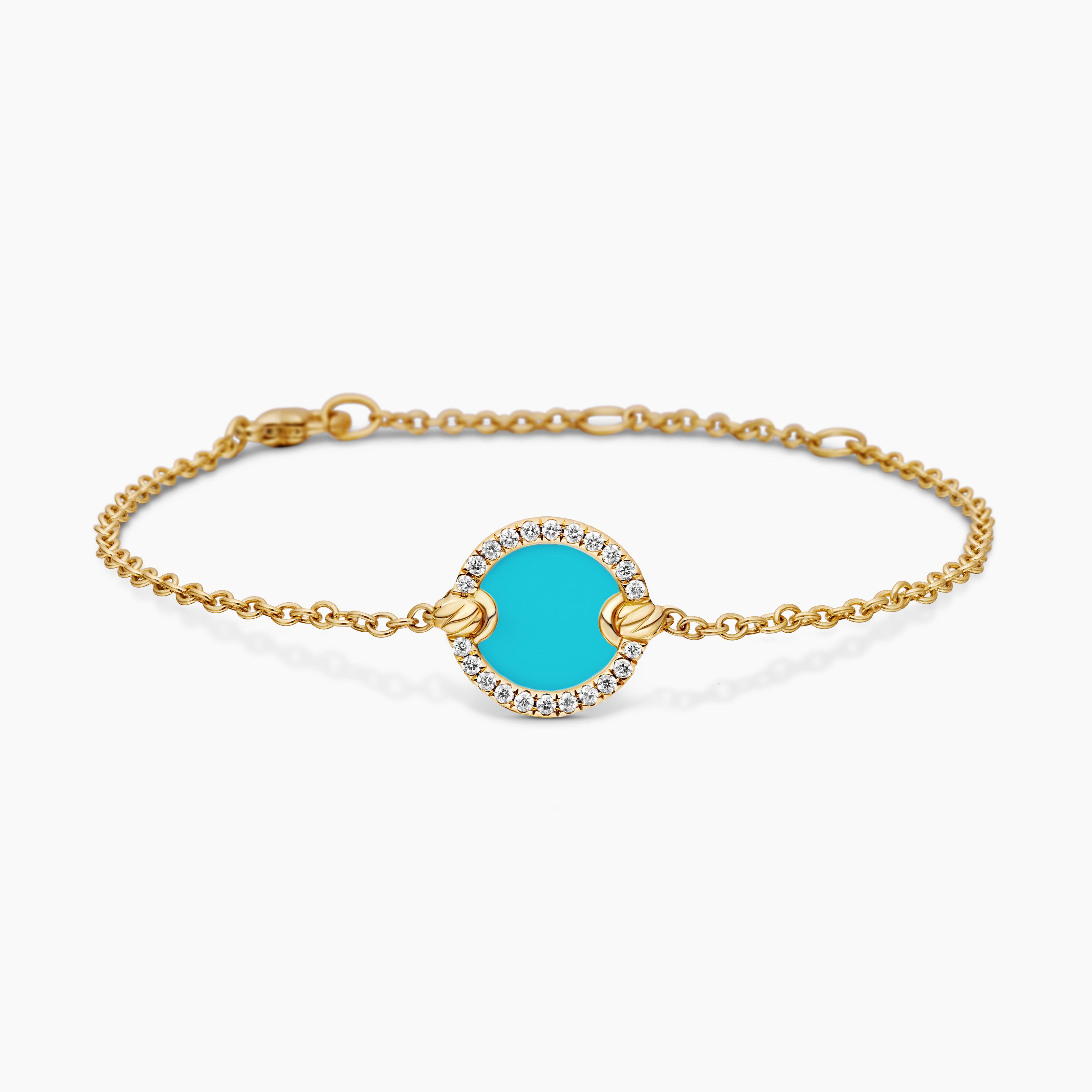 Womens Petite DY Elements&reg; Center Station Chain Bracelet in 18K Yellow Gold with Turquoise and Diamonds, 11mm