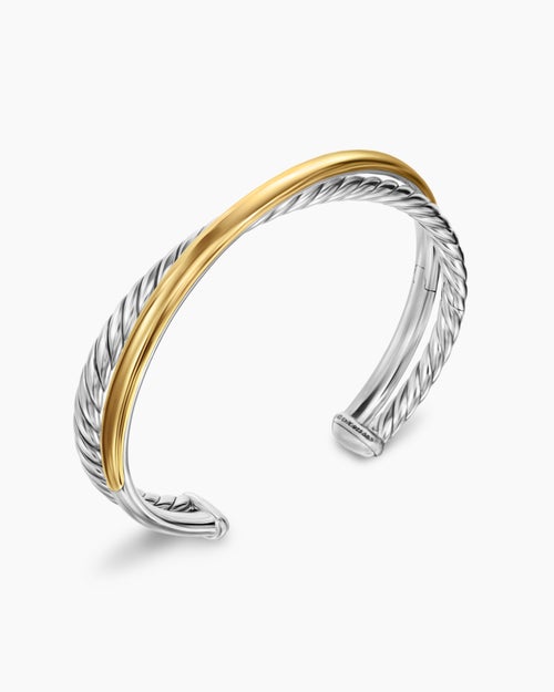 Womens Crossover Two Row Cuff Bracelet in Sterling Silver with 14K Yellow Gold, 10.7mm