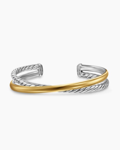 Womens Crossover Two Row Cuff Bracelet in Sterling Silver with 14K Yellow Gold, 10.7mm